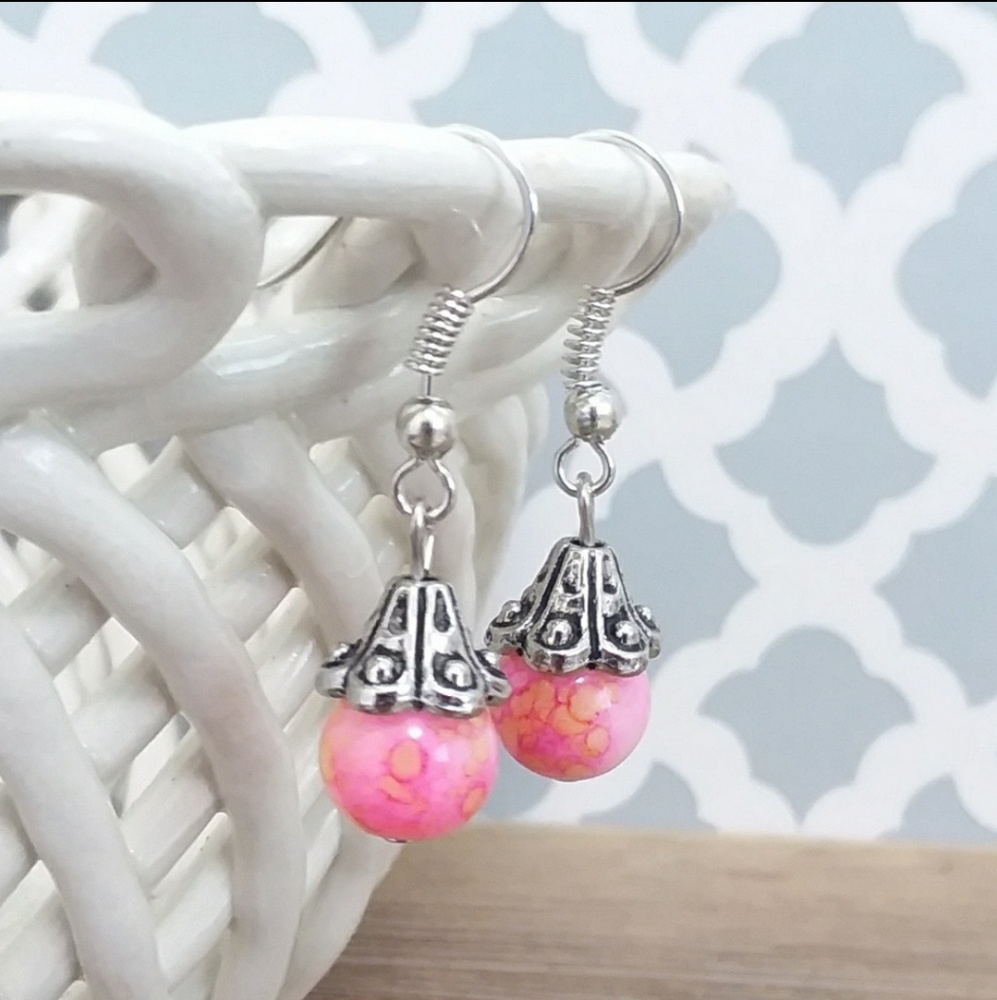 Pink Tie Dye Bead Silver Tone Hook Earrings